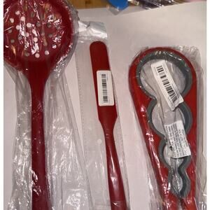 NWT Red Silicone Skimmer, Spreader, And Jar/Bottle Opener W/ Free Plastic Ladle